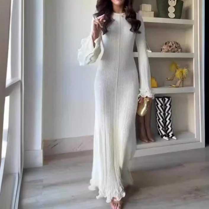 Autumn Crew Neck Bell Sleeve Slim Fit Elegant Dress Winter unclassified dresses