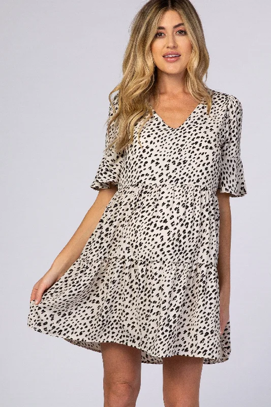 Beige Animal Print Ruffle Sleeve Maternity Dress A-line floral dresses