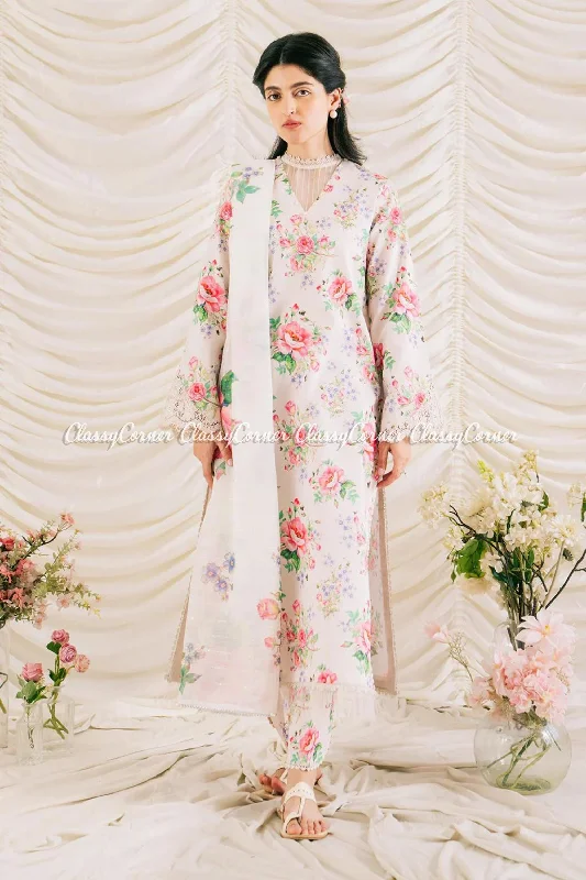 Beige Multi Digital Printed Lawn Suit Ruffled floral dresses