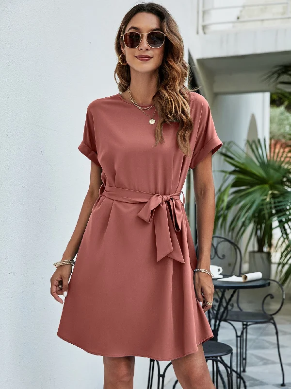 Belted Round Neck Curved Hem Dress Dark color unclassified dresses