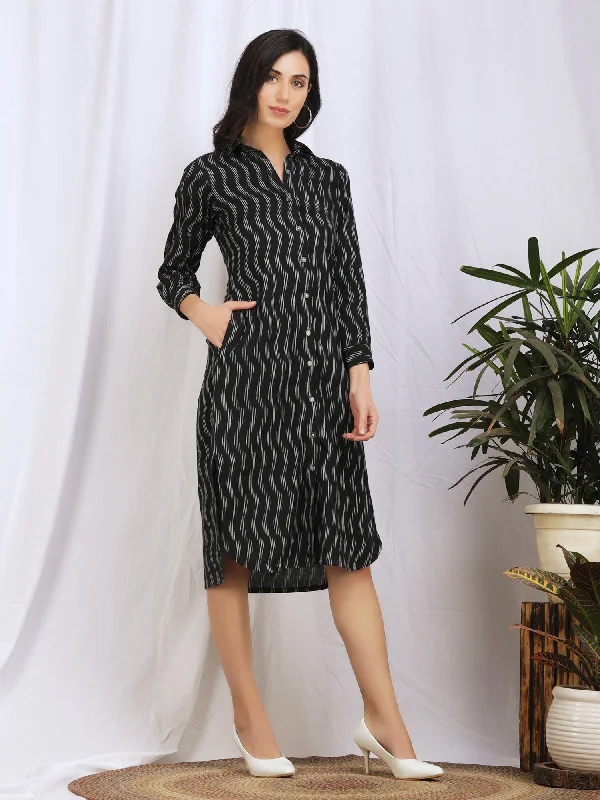 Black Button Down Ikat Cotton 'Amna' Dress Earthy tone unclassified dresses
