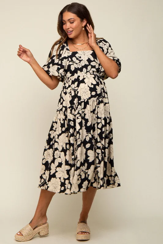 Black Floral Puff Sleeve Tiered Maternity Dress Women's trendy floral dresses sale