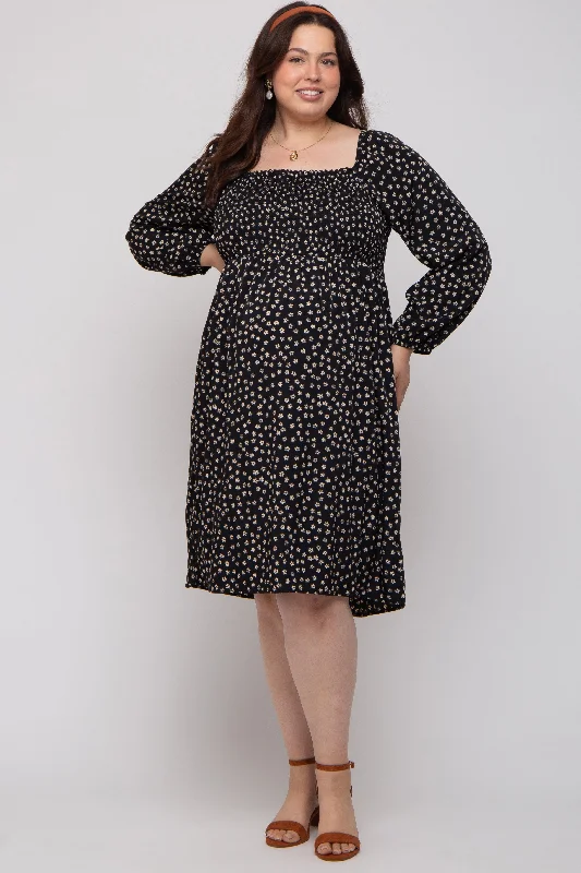 Black Floral Smocked Long Sleeve Maternity Plus Dress Anniversary floral dresses