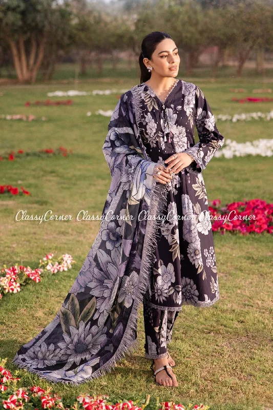 Black Grey Floral Lawn Pakistani Suit Party floral dresses