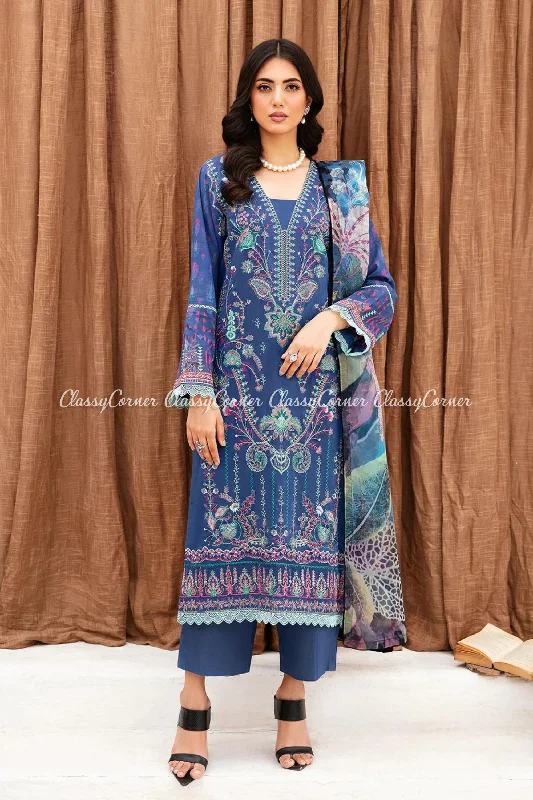 Blue Printed 3pc Lawn Suit Party floral dresses