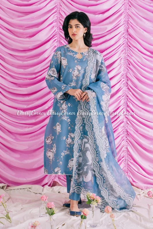 Blue Printed Lawn Salwar Kameez Summer floral dresses