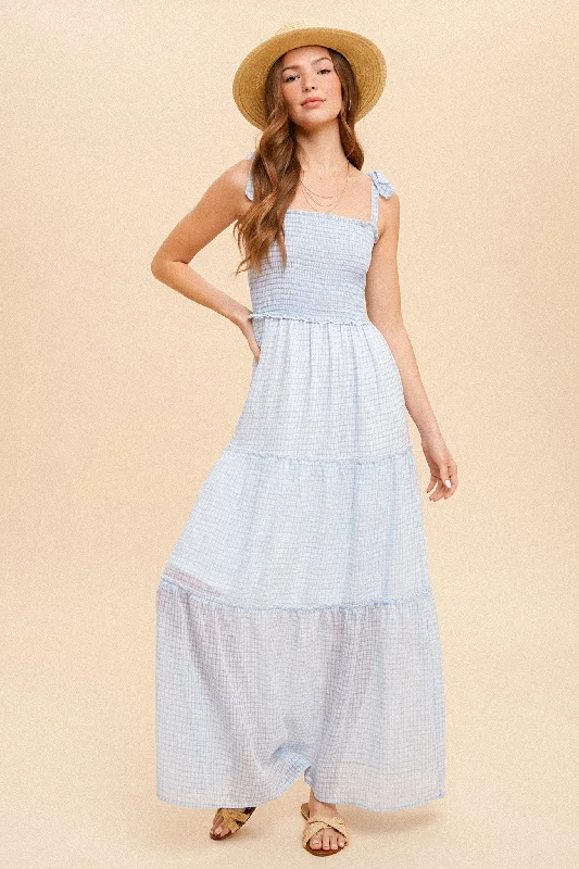 Blue Tie Shoulder Smock Tiered Check Chiffon Dress Tulle unclassified dresses
