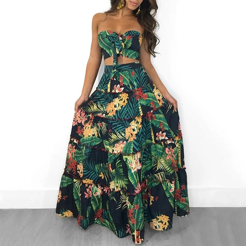 Boho New Sexy Women Two Piece Set Long Printed High Waist Casual Suit Graduation floral dresses