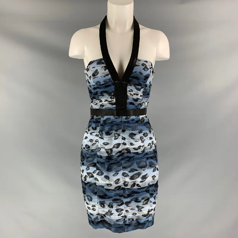 BURBERRY PRORSUM Spring 2011 Size 6 Blue Black Silk Camouflage Leather Knee-Length Dress Neutral tone unclassified dresses