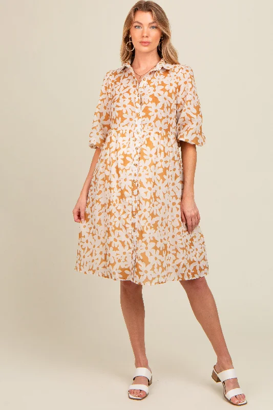 Camel Floral Button Down Maternity Dress Best floral dresses for hourglass body shape Camel Floral Button Down Maternity Dress Best floral dresses for hourglass body shape