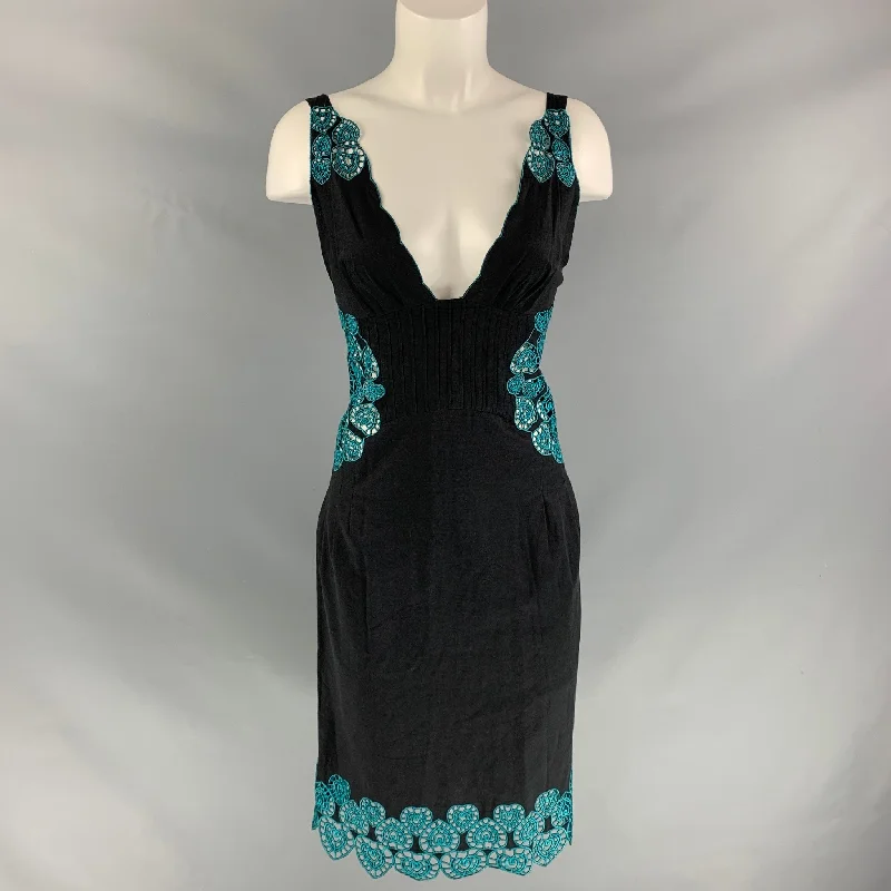 CATHERINE MALANDRINO Size 2 Black Turquoise Cotton Embroidered Dress Office unclassified dresses