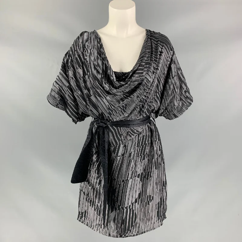 CATHERINE MALANDRINO Size 8 Grey & Black Rayon & Silk Burnout Dress Sleeveless unclassified dresses