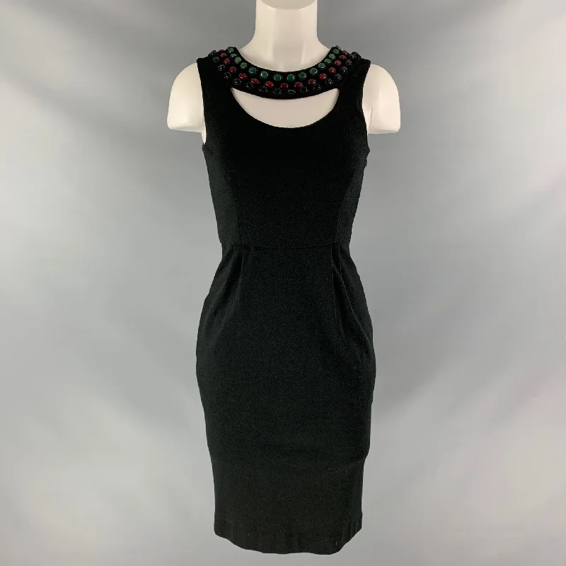 CATHERINE MALANDRINO Size S Black Wool Beaded Dress Floral unclassified dresses