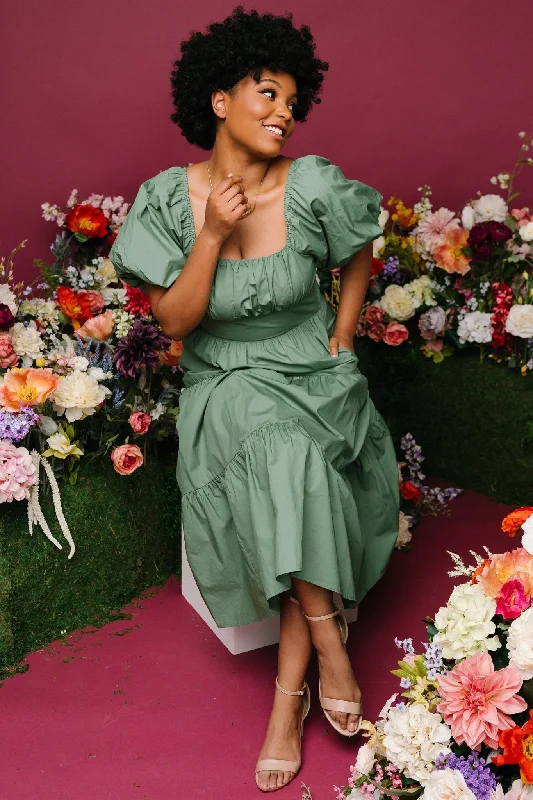 Cindy Puff Sleeve Tiered Dress | Dusty Green Date night unclassified dresses