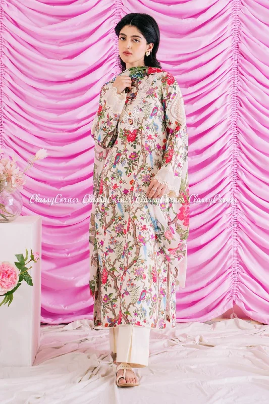 Cream White Multi Printed Lawn Suit Forever 21 floral dresses