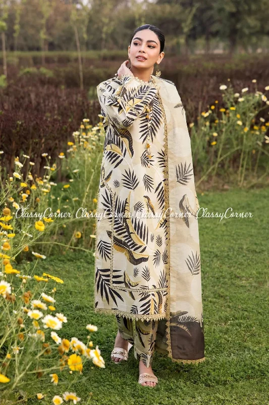 Cream White Printed Lawn Salwar Kameez New Year's Eve floral dresses