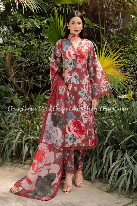 Dark Maroon Floral Lawn 3PC Suit Outdoor floral dresses