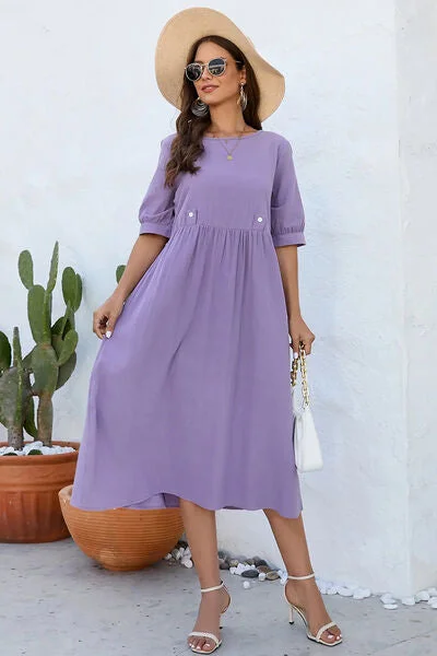Decorative Button Round Neck Half Sleeve Dress Graduation unclassified dresses