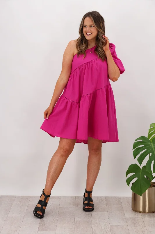 Ebby & I Sally One Shoulder Dress Magenta Mesh unclassified dresses