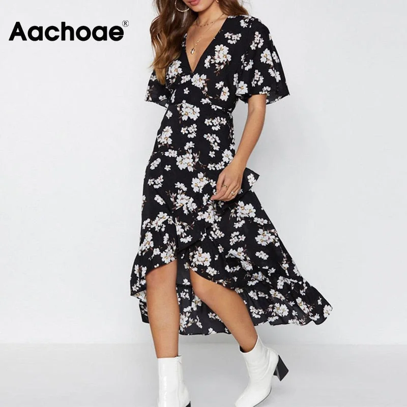 Elegant Floral Print Long Women Boho Style Beach Dress Ruffles V neck Sundress Cocktail floral dresses Elegant Floral Print Long Women Boho Style Beach Dress Ruffles V neck Sundress Cocktail floral dresses
