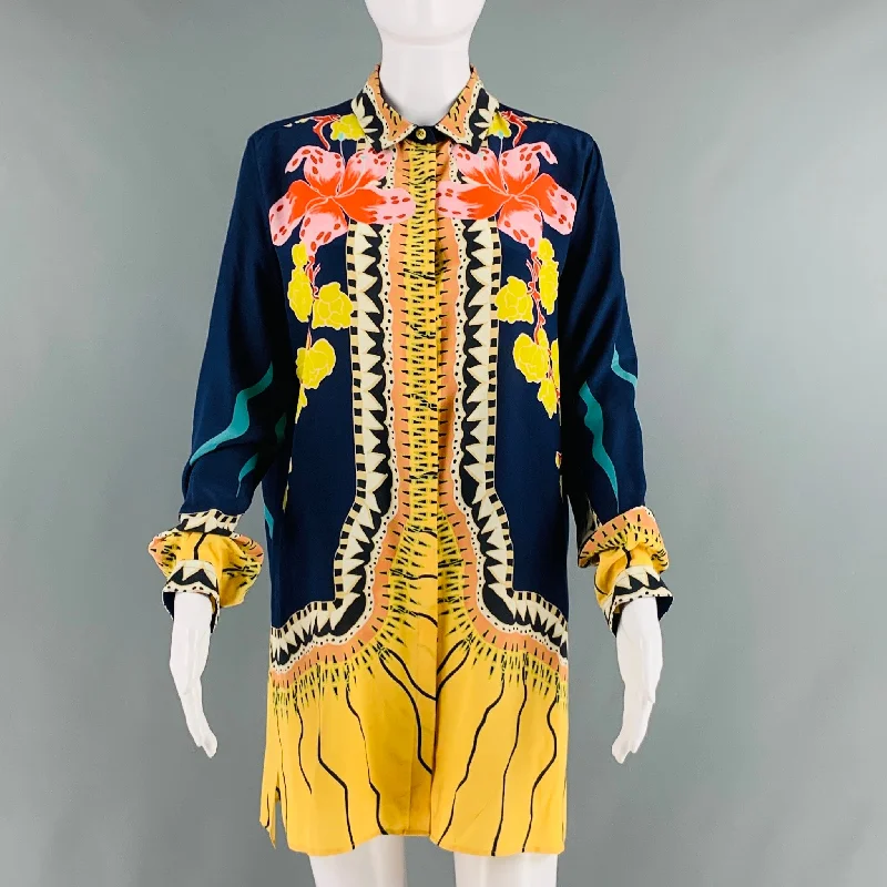 ETRO Size 8 Navy Multi-Color Silk Floral Long Dress Top Outdoor floral dresses