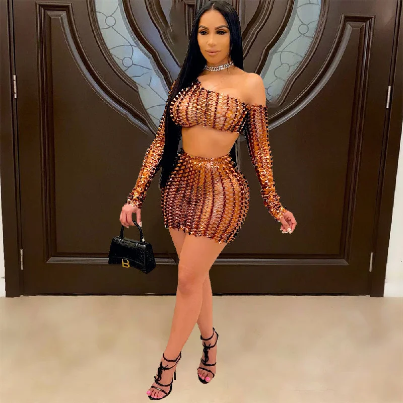 Fashion Net Hole Hollow-out Dress European And American Two-piece Set Fall unclassified dresses