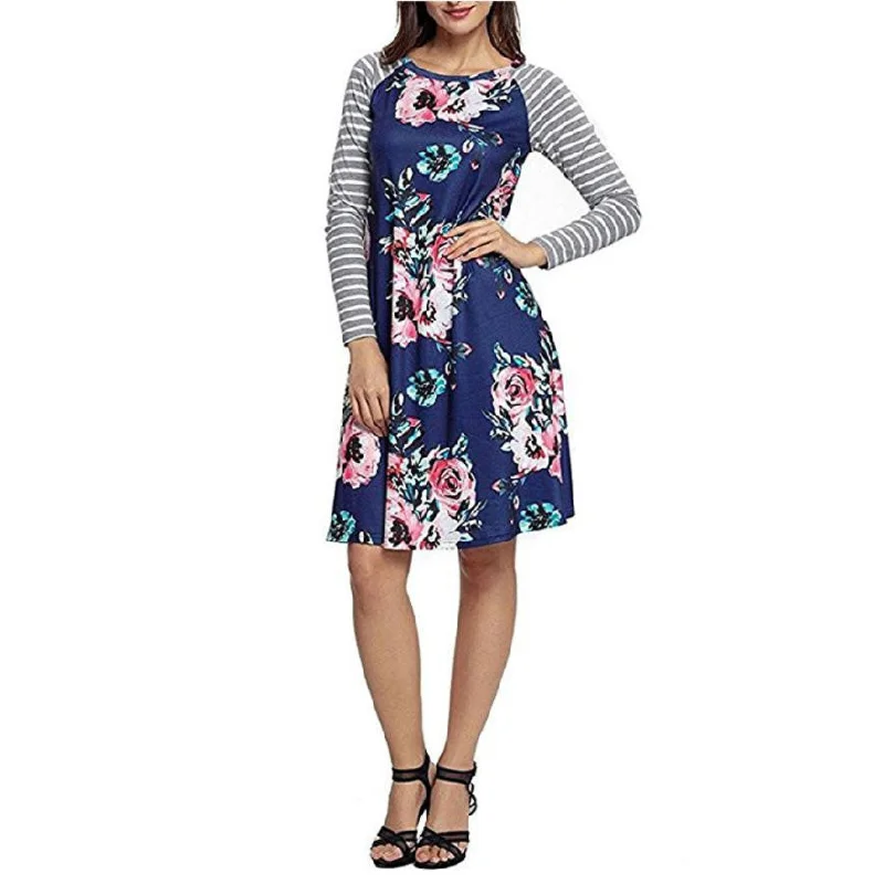 Fashion Women Floral Printed O-Neck Stripe Casual Knee-Length Boho floral dresses