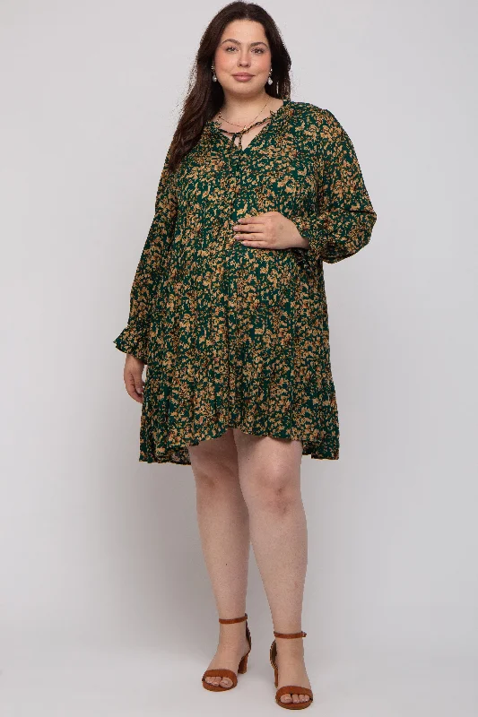 Forest Green Leaf Print Long Sleeve Maternity Plus Dress Edgy floral dresses