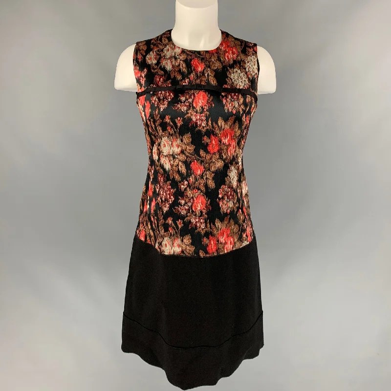 GIAMBATTISTA VALLI Size 6 Black & Coral Jacquard Polyester Blend Below Knee Dress Long unclassified dresses