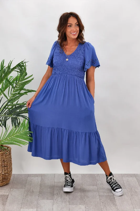 Gloss By Shine On Heather Broderie Sleeve Dress Blue Silk unclassified dresses