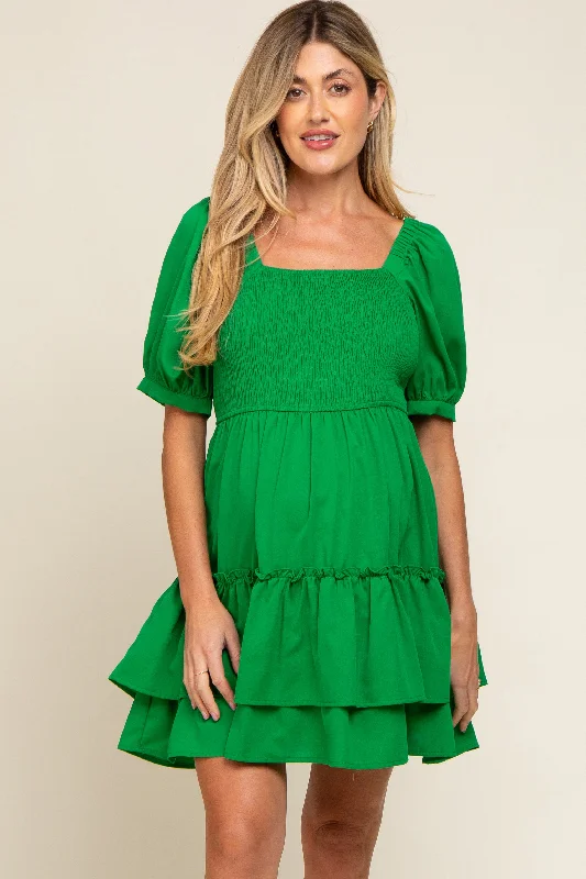 Green Puff Sleeve Ruffle Accent Maternity Dress Travel unclassified dresses