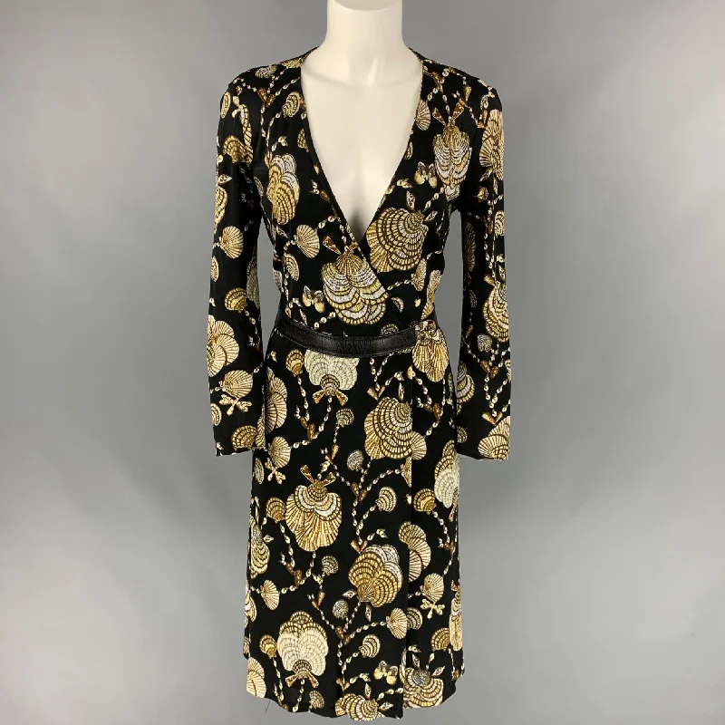 GUCCI Resort 2009 by Frida Giannini Size 6 Black & Brown Sea Shells Viscose Mid-Calf Wrap Dress Bright color unclassified dresses