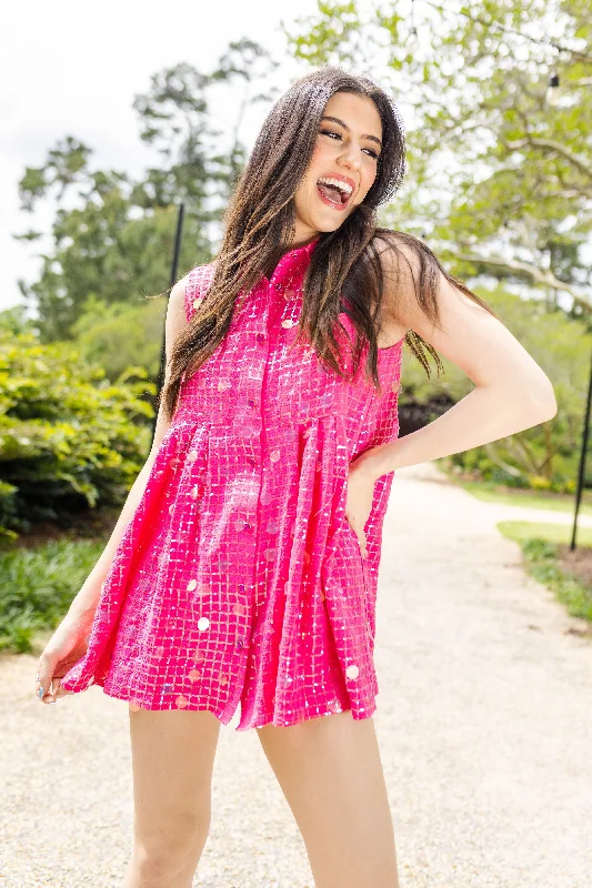 Hot Pink Checker Pailette Collar Dress A-line unclassified dresses