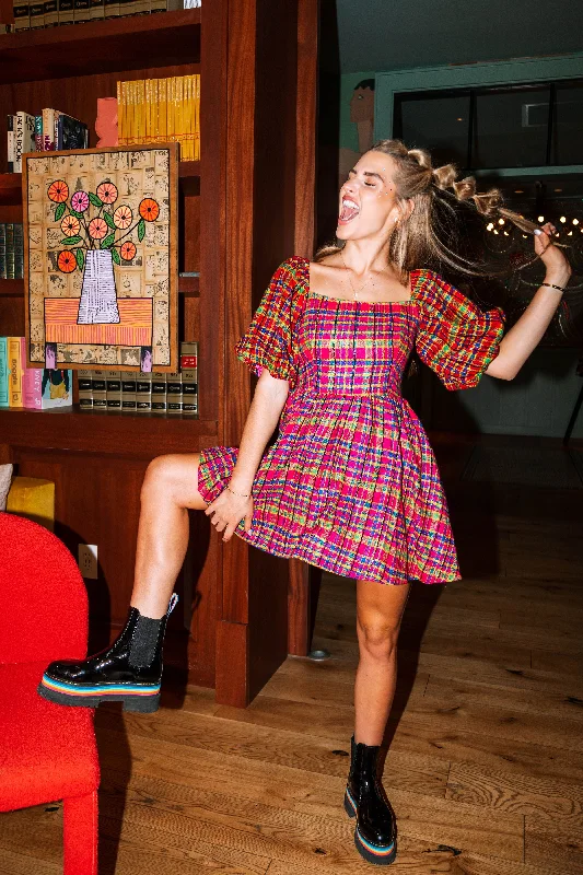 Hot Pink Plaid Poof Sleeve Dress One-shoulder unclassified dresses