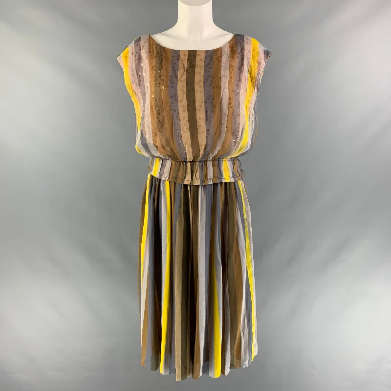 I.MAGNIN Size M Peach & Grey Stripe Mid-Calf Outfits & Sets Beach unclassified dresses