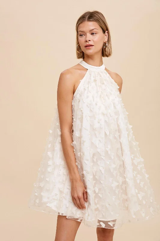 Ivory Butterfly Applique Tie Neck Halter Dress Breathable unclassified dresses