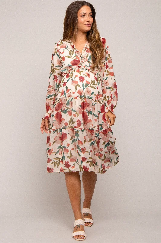 Ivory Floral Ruffle V-Neck Maternity Dress Spring floral dresses