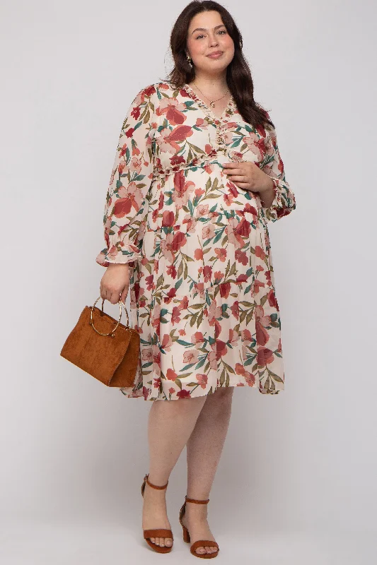 Ivory Floral Ruffle V-Neck Maternity Plus Dress Casual floral dresses