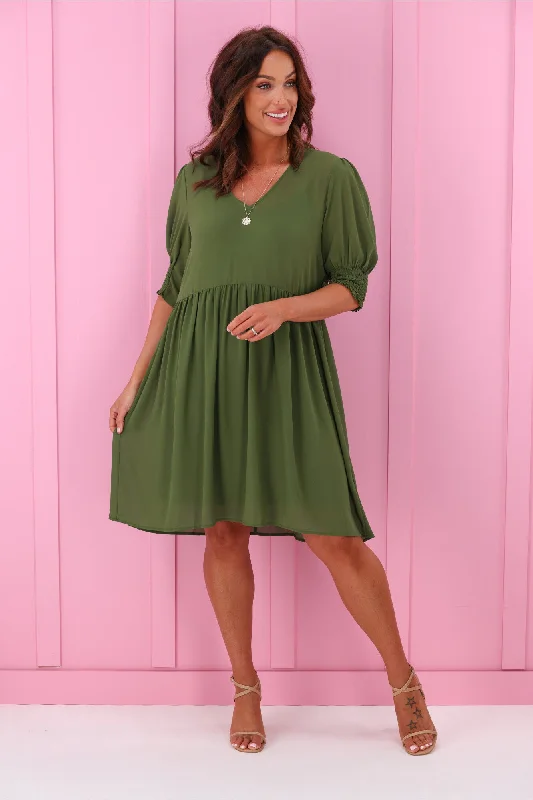 Jane James Juniper Balloon Sleeve Dress Olive Embroidered unclassified dresses