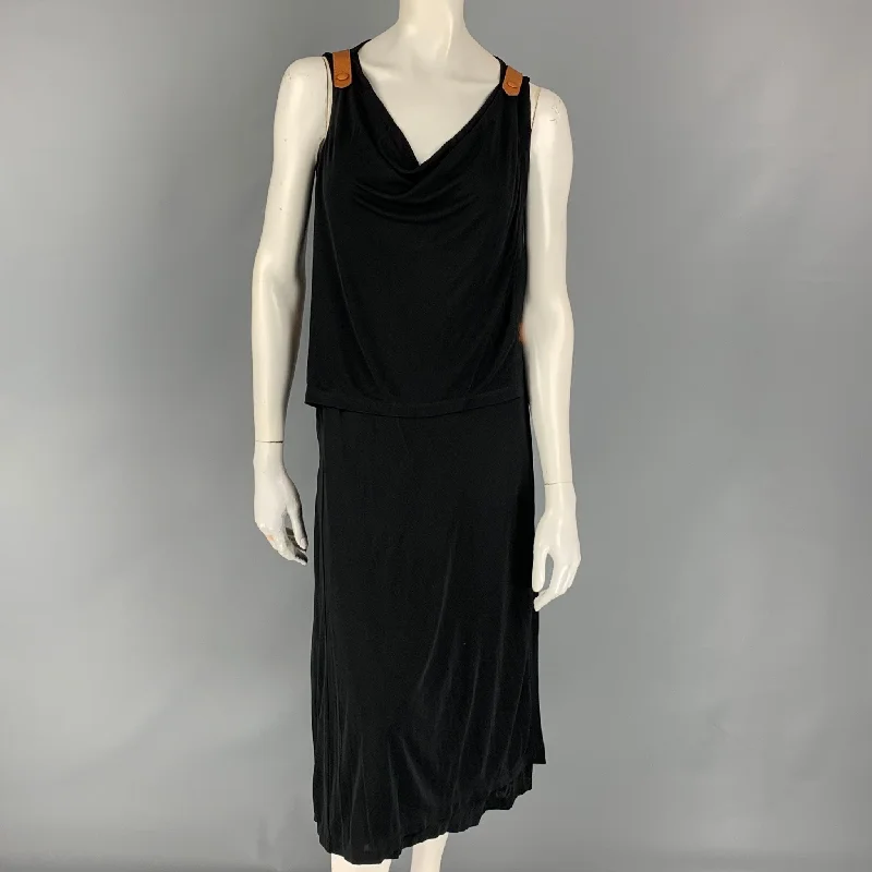 JEAN PAUL GAULTIER Size 6 Black & Tan Rayon Blend Mixed Fabrics Leather Wrap Dress Lounge unclassified dresses JEAN PAUL GAULTIER Size 6 Black & Tan Rayon Blend Mixed Fabrics Leather Wrap Dress Lounge unclassified dresses