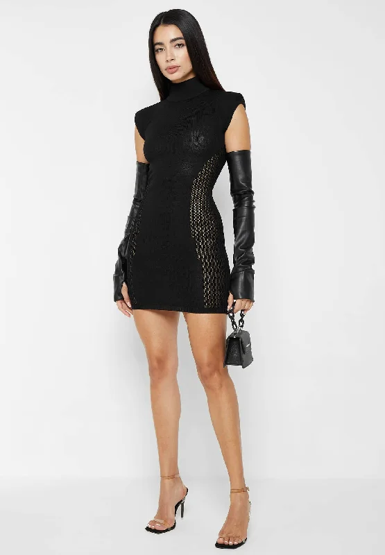 Knitted Contour Dress with Leather Sleeves - Black Tiered unclassified dresses