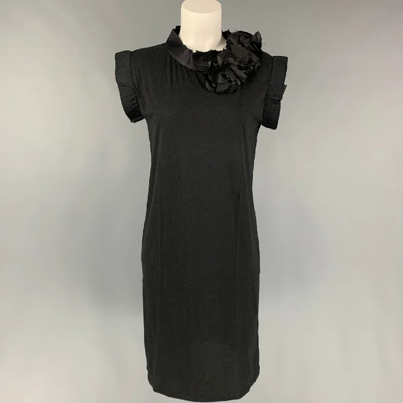 LANVIN Size M Black Cotton Silk Flowers Shift Dress Velvet unclassified dresses