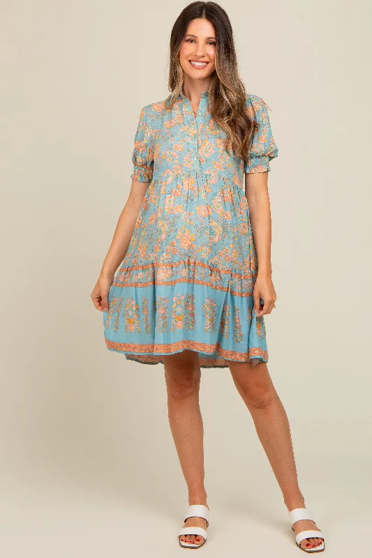 Light Blue Floral Button Up Ruffle Hem Maternity Dress Floral dresses under $100
