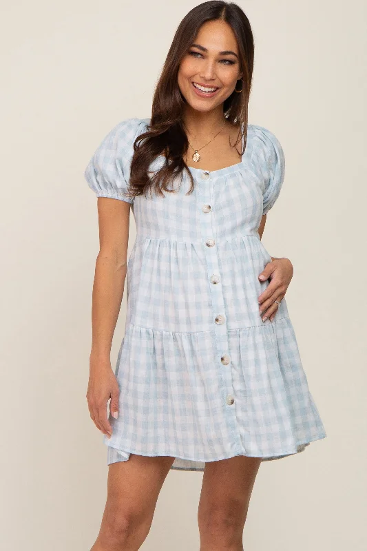 Light Blue Gingham Square Neck Button Front Maternity Dress Sequin unclassified dresses