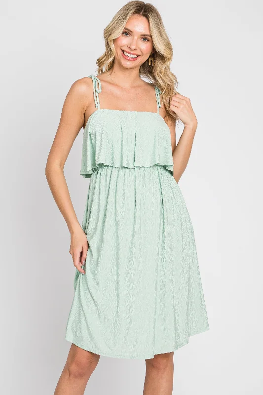 Light Olive Ruffle Overlay Shoulder Tie Dress Breathable unclassified dresses