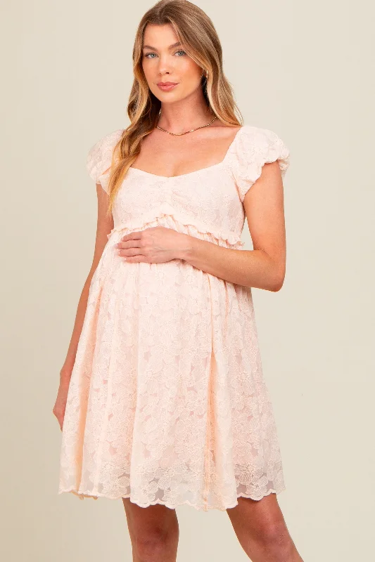 Light Pink Floral Lace Embroidered Puff Sleeve Maternity Dress Boohoo floral dresses