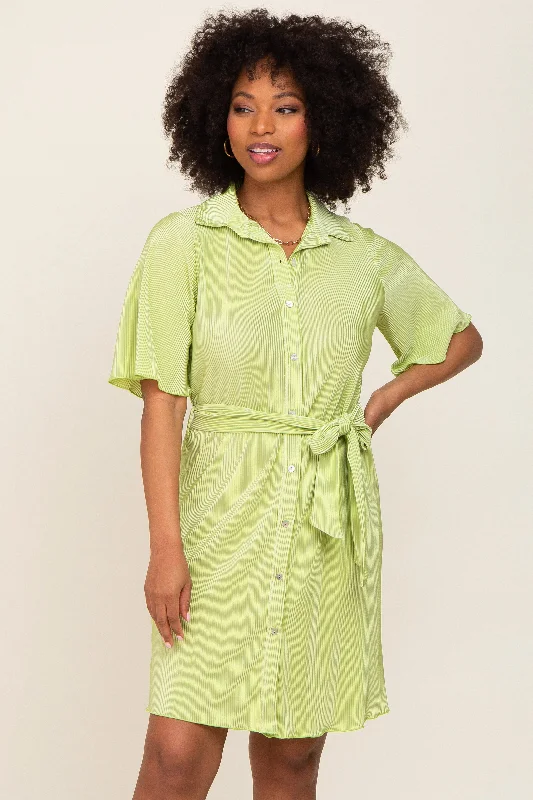 Lime Pleated Button Front Tied Waist Dress Club unclassified dresses