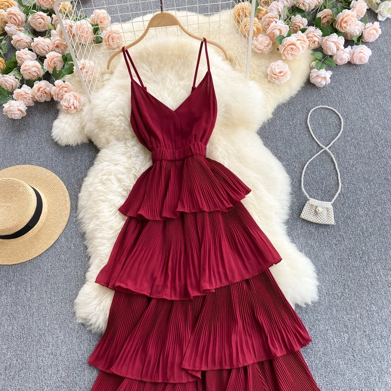 Lovely V-neck slim mid-length pleated ruffle dress  614 Luxury unclassified dresses