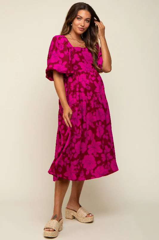 Magenta Floral Puff Sleeve Tiered Maternity Dress Tulle floral dresses