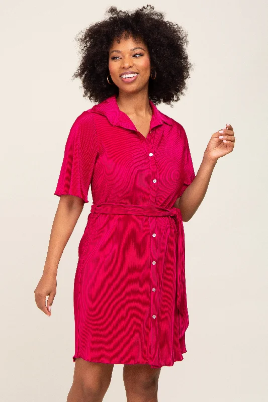 Magenta Pleated Button Front Tied Waist Dress Festival unclassified dresses